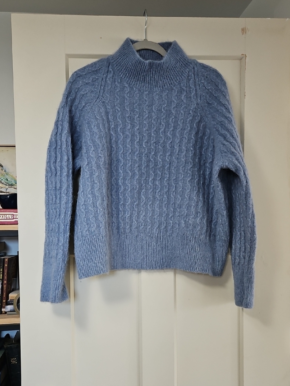 COS Soft Sky Blue Fuzzy Cable-Knit Mock Neck Sweater
